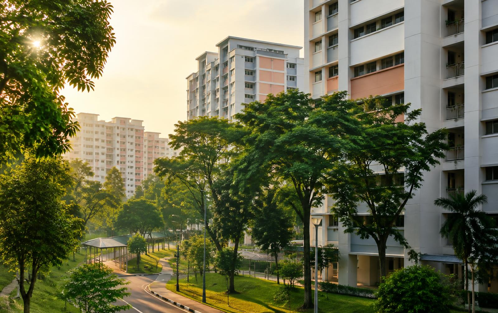Singapore HDB estate surrounded by trees in morning light